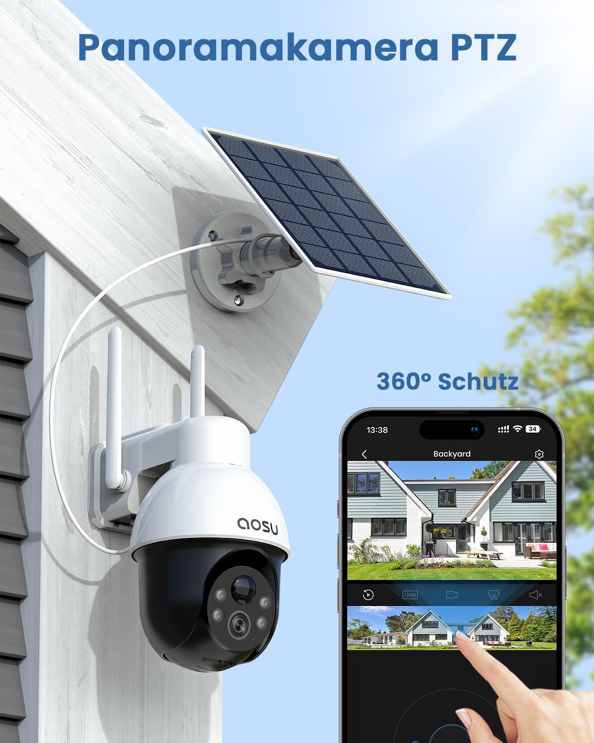 3K Überwachungskamera PTZ Solar 5MP 360°, 1er-set