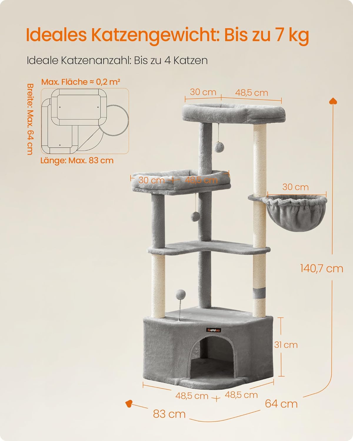 Katzenkratzbaum mit Kuschelhöhle und Plattformen, taubengrau