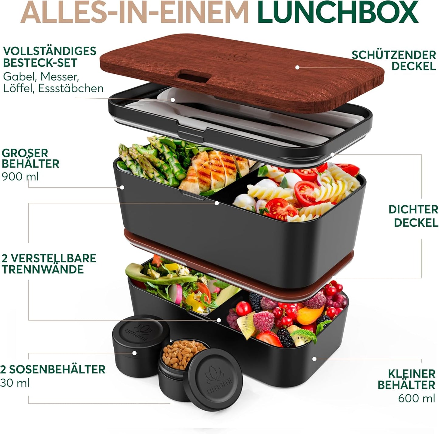 Verschachtelbare Bento Lunchbox, Schwarzes Sapele L - 1500 ml