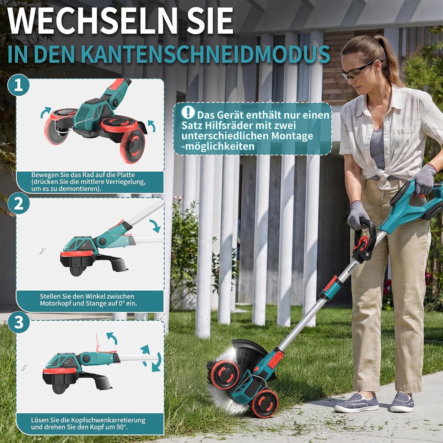 5-in-1 Akku-Rasentrimmer mit Unkrautbürste, Rot