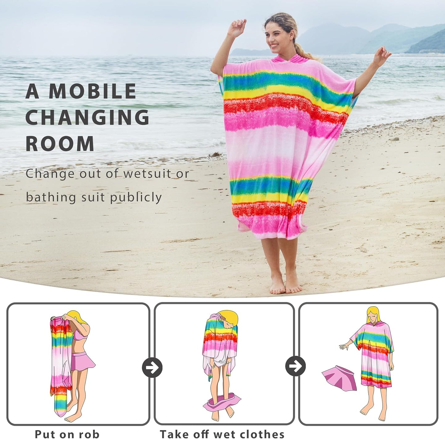 Surf Poncho mit Tragetasche, Regenbogen