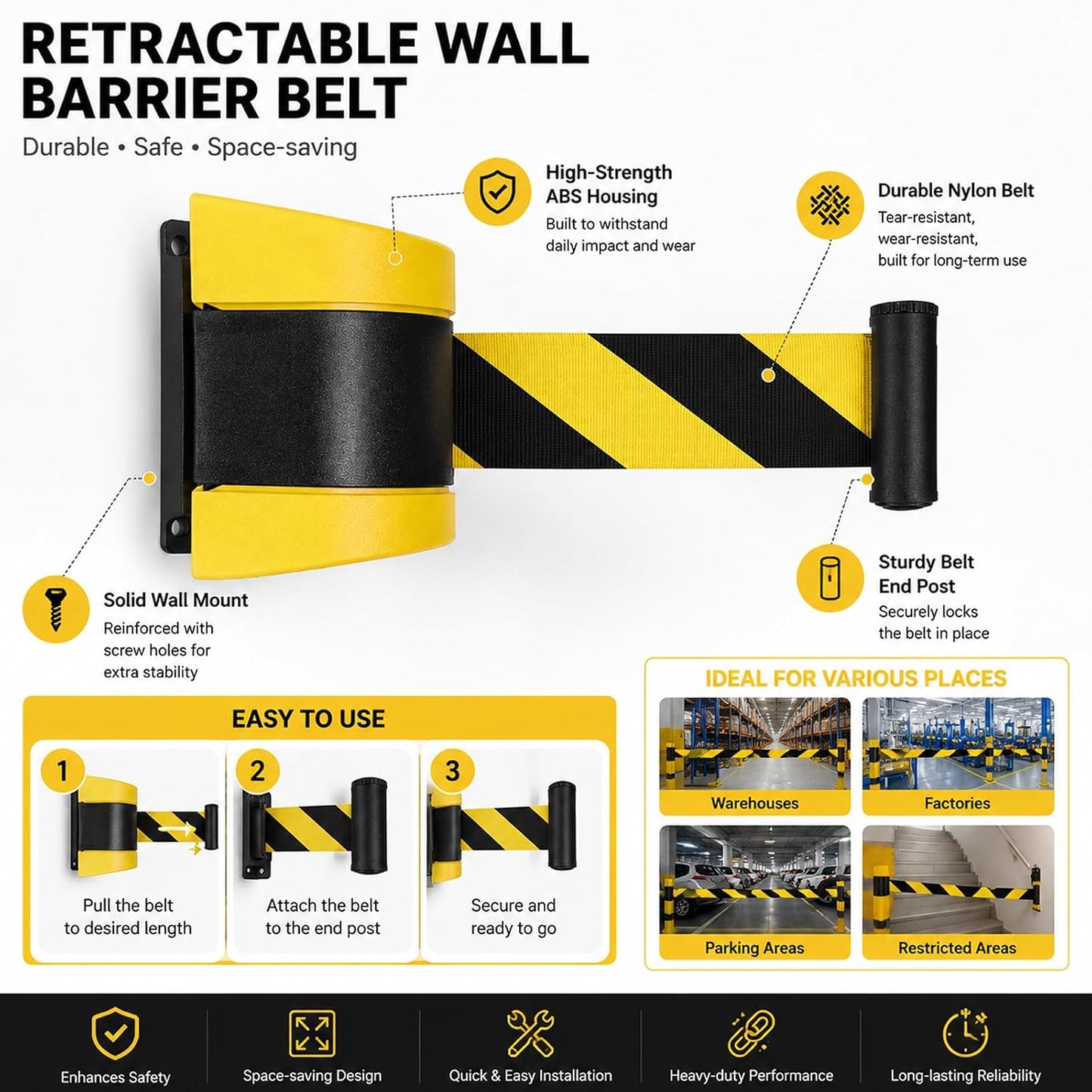 Einziehbare Wand-Gürtelbarriere, 5m, Sicherheitswarnband