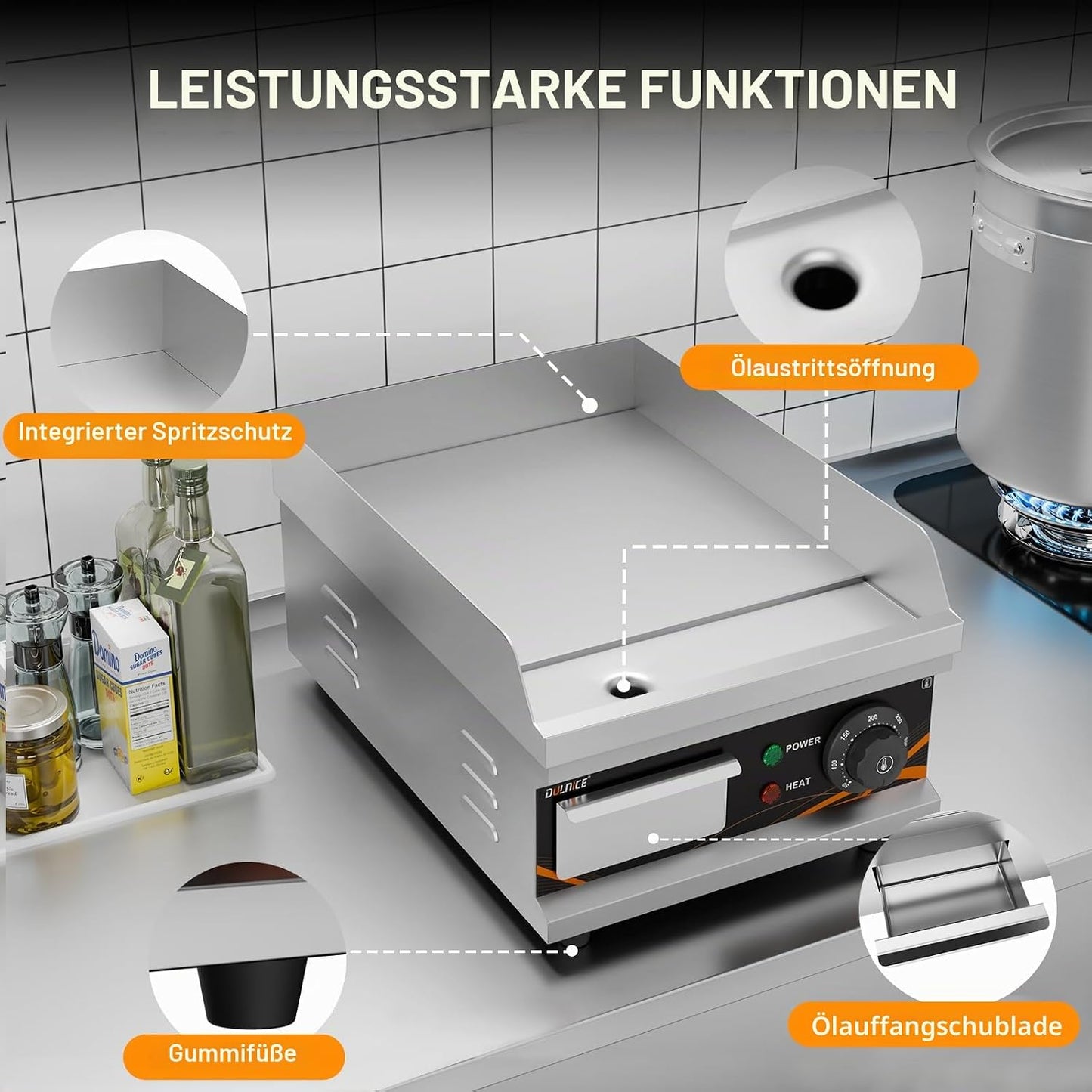 Elektrische Grillplatte mit Temperaturregelung, Silber, 28cm, 1