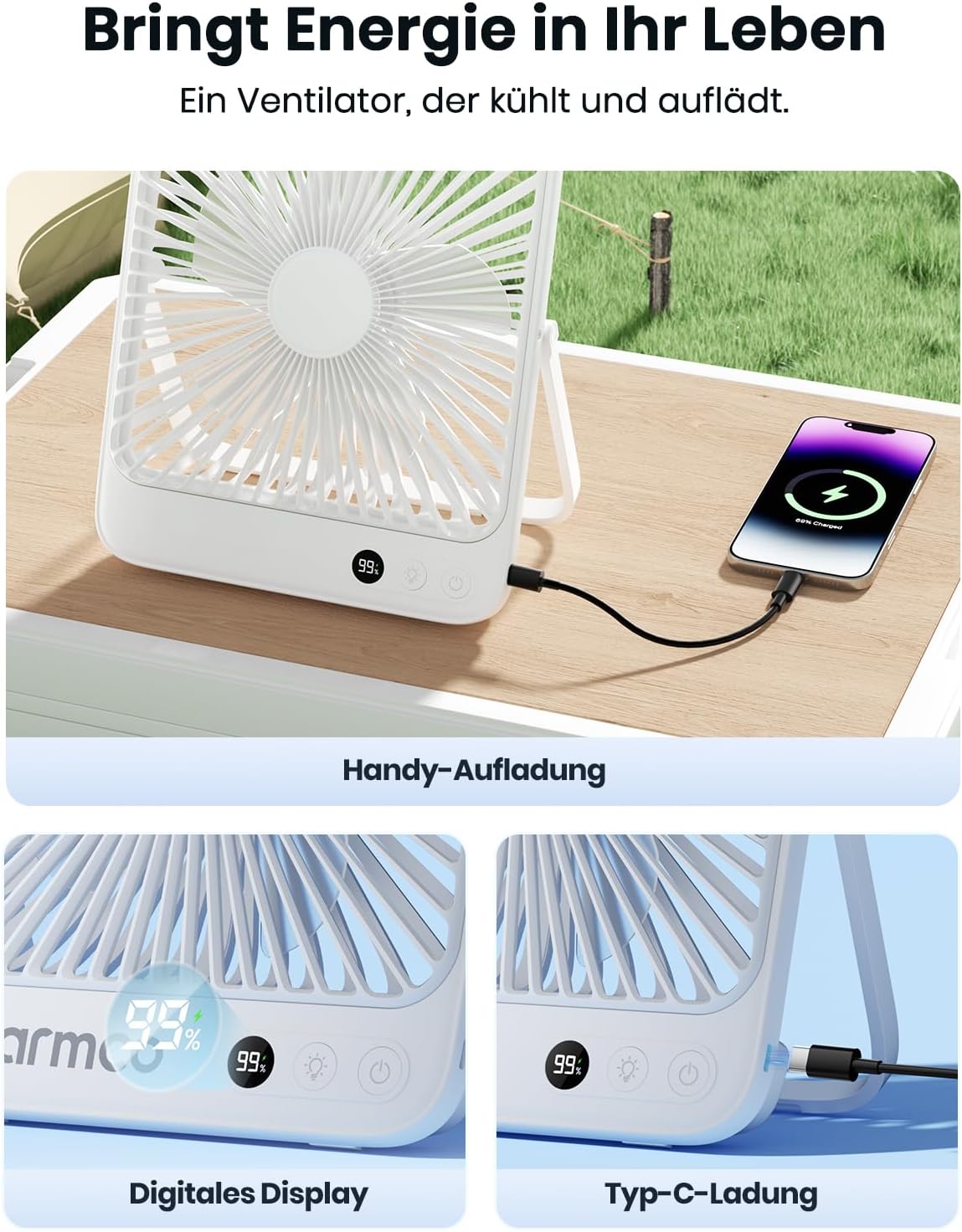 Camping-Ventilator mit Lampe, Weiss