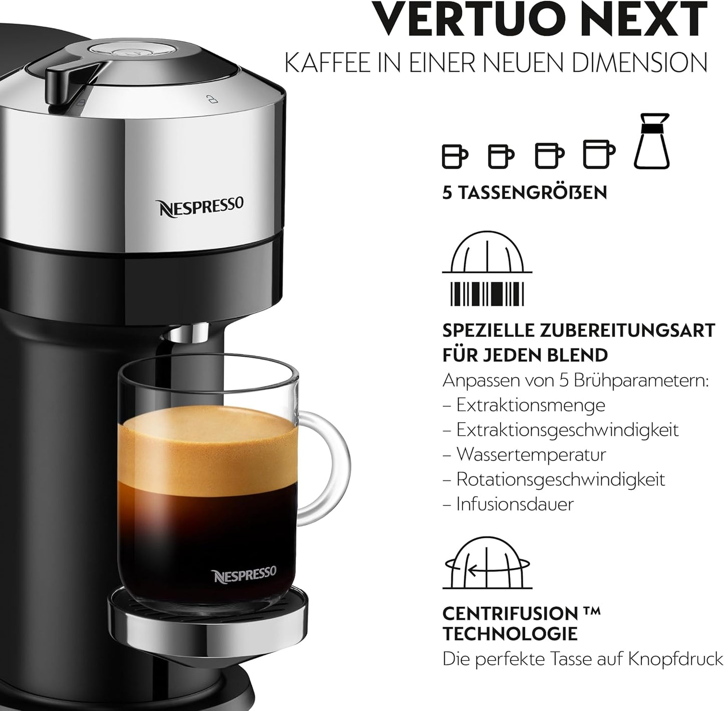 Vertuo Next Deluxe Kaffeekapselmaschine mit Milchaufschäumer, Chron Vertuo Next + Aeroccino