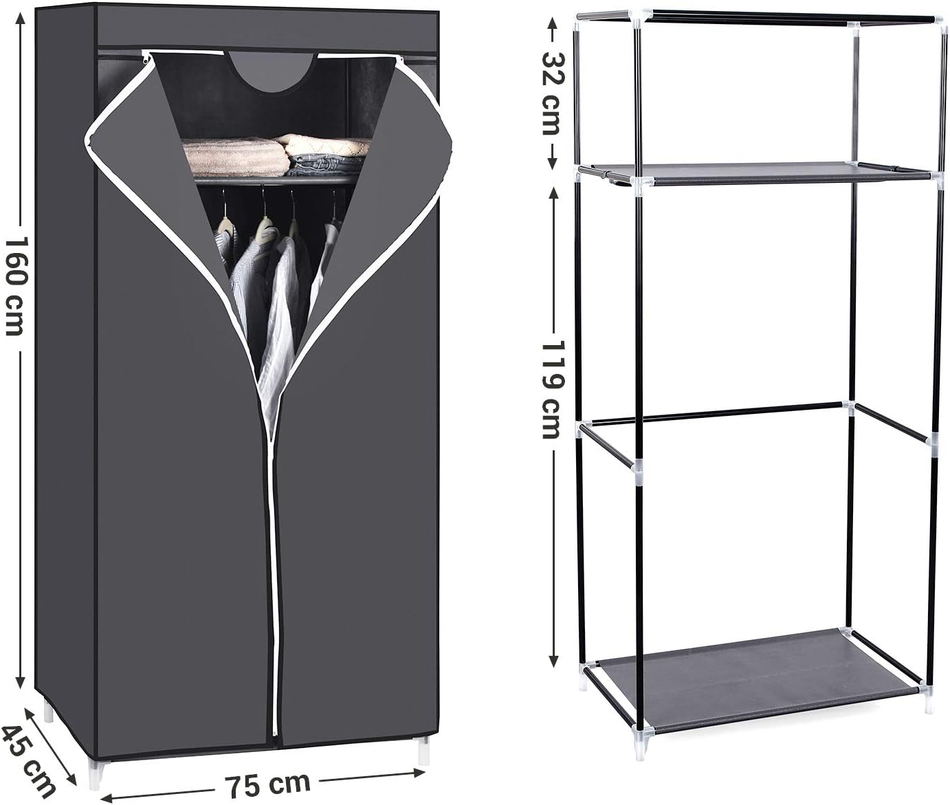Faltbarer Kleiderschrank mit Kleiderstange, Grau