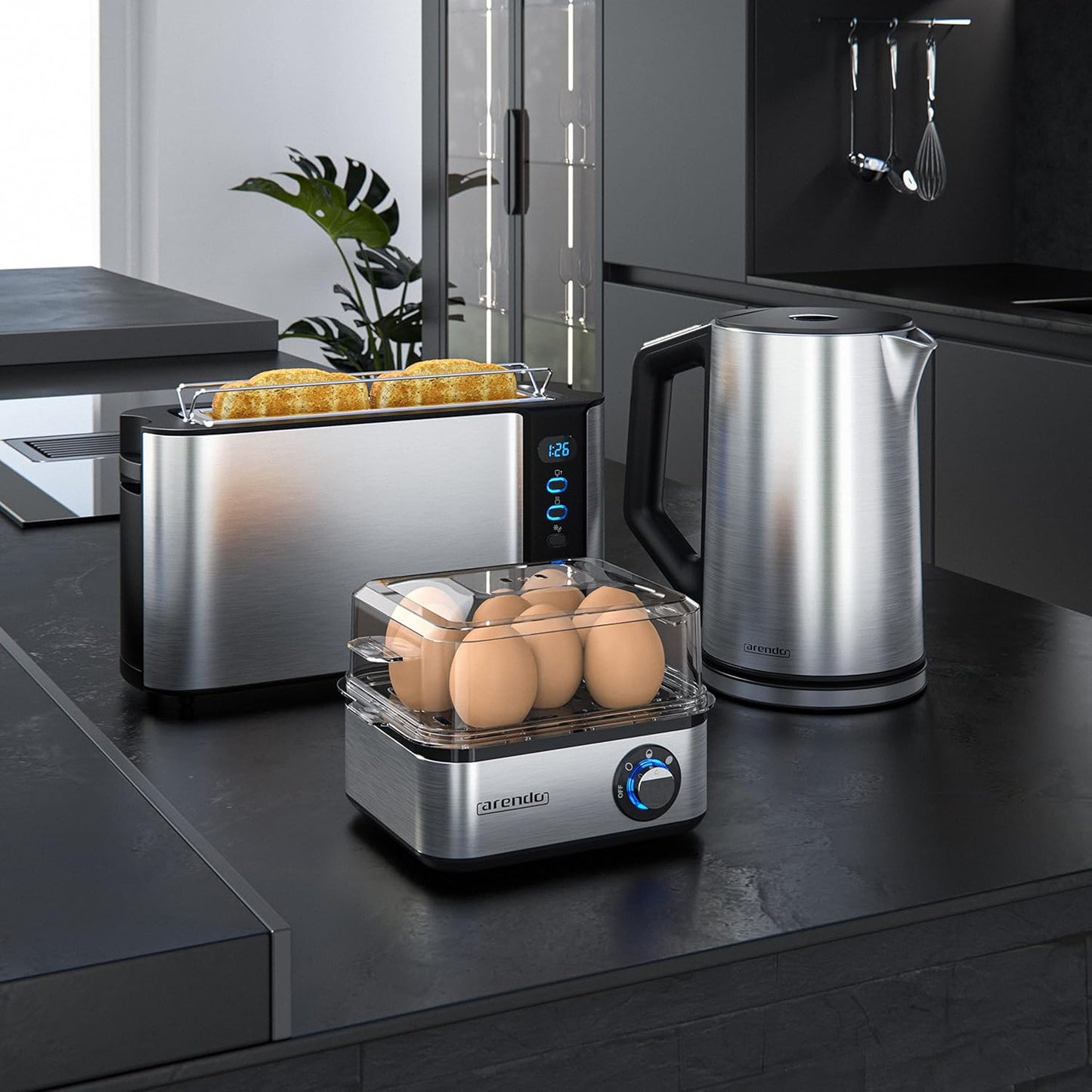 3-teiliges Frühstücks-Set: Wasserkocher, Toaster & Eierkocher, B: Silber