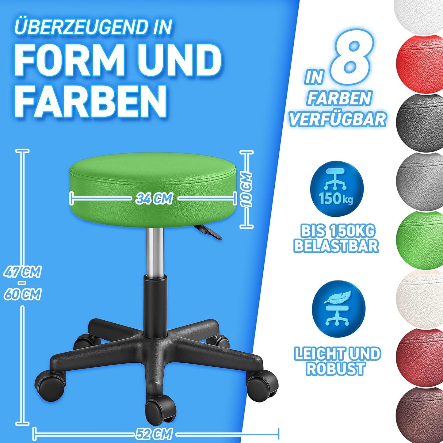 Höhenverstellbarer Rollhocker, Grün