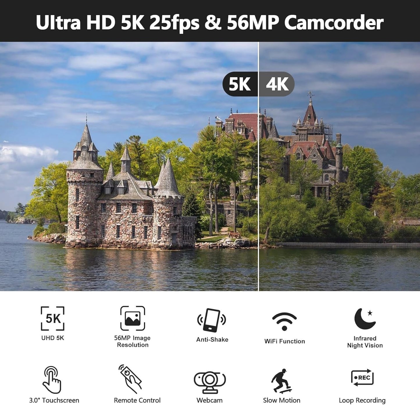 AC12C Videokamera Camcorder 5K mit Nachtsicht, Fernbedienung, Mikrofon und Stabilisator, Black