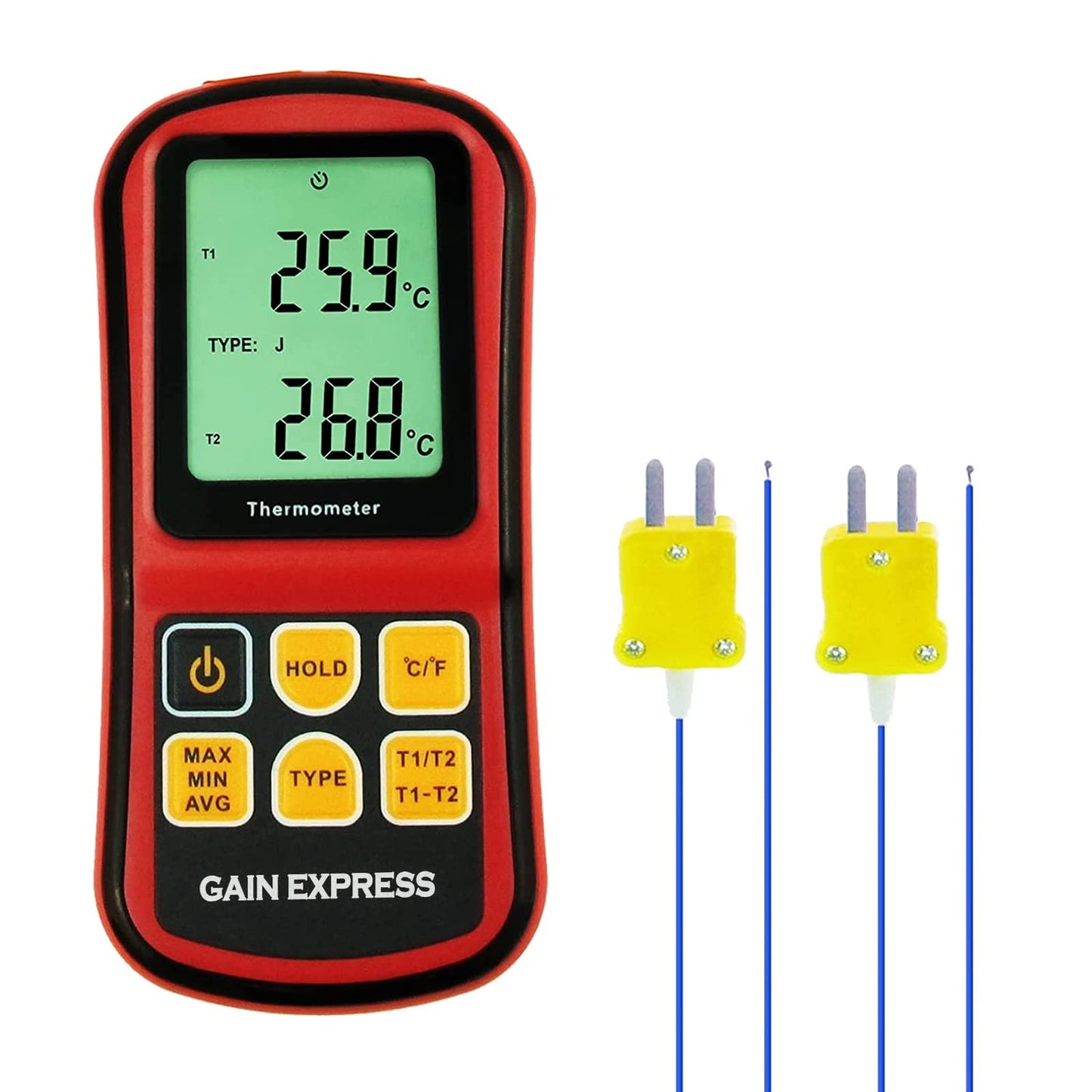 Zweikanal-Digitalthermometer mit Thermoelementen, rot