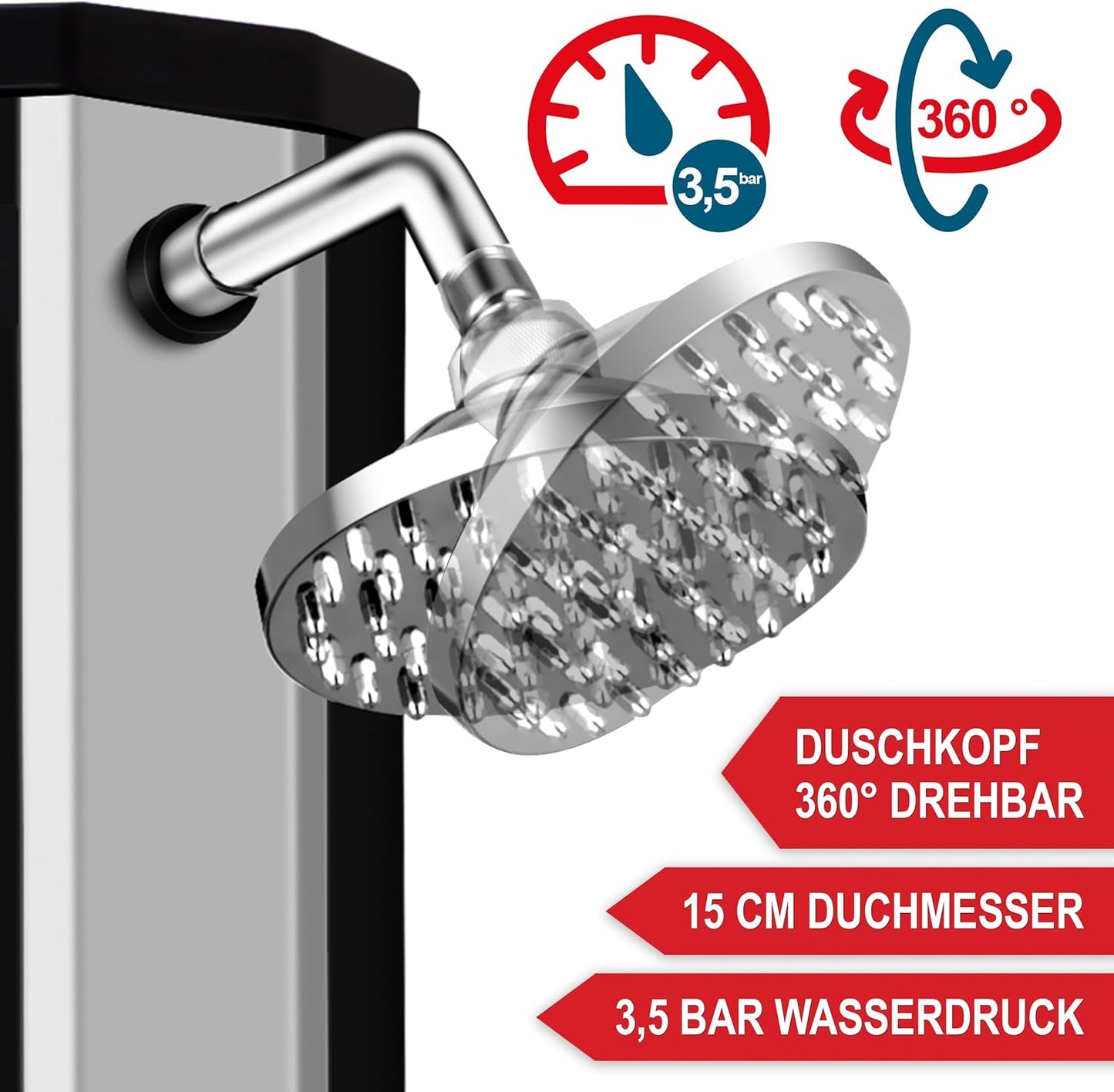 Solardusche mit Regenschutz & Thermometer, Schwarz-Silber