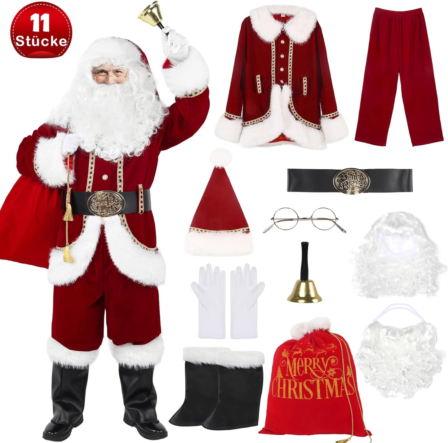 11-teiliges Weihnachtsmann Kostüm, S