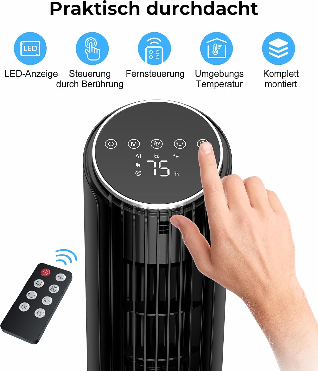 Turmventilator mit Fernbedienung und Timer, Schwarz
