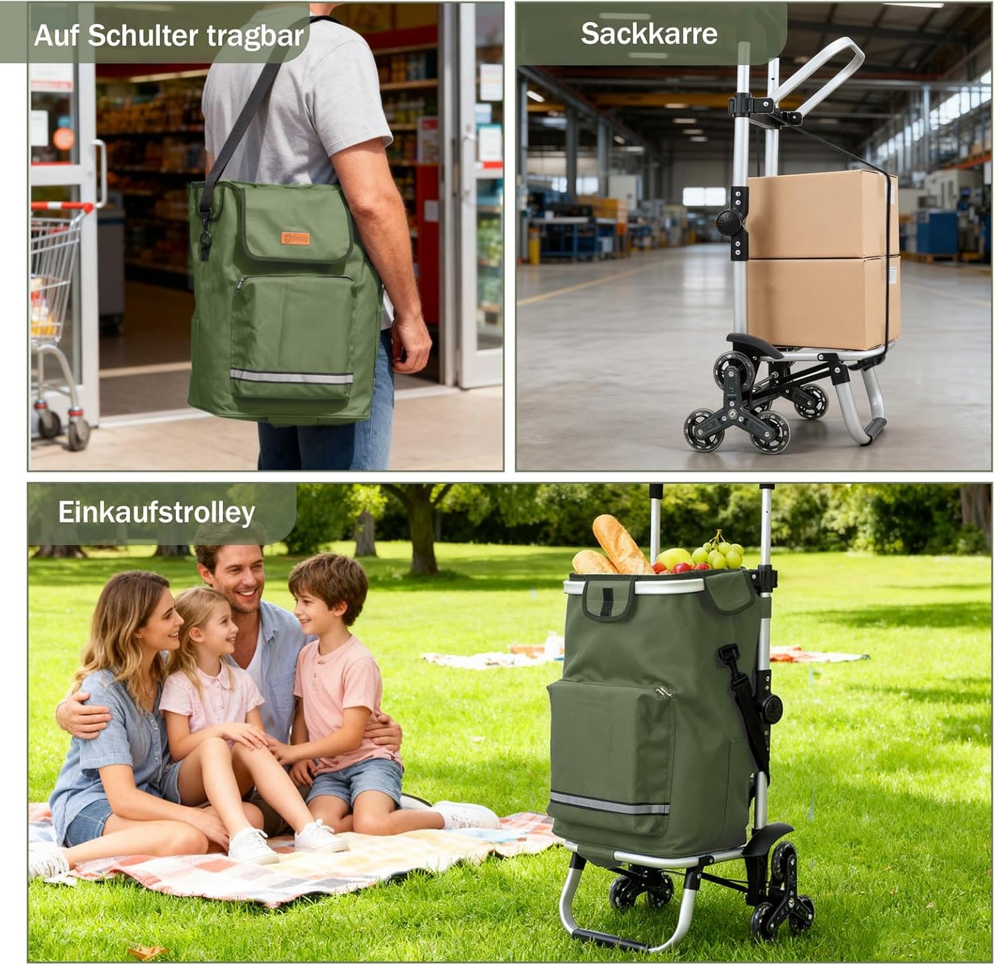 3in1 Treppensteiger Einkaufstrolley mit Kühlfach, Olivgrün