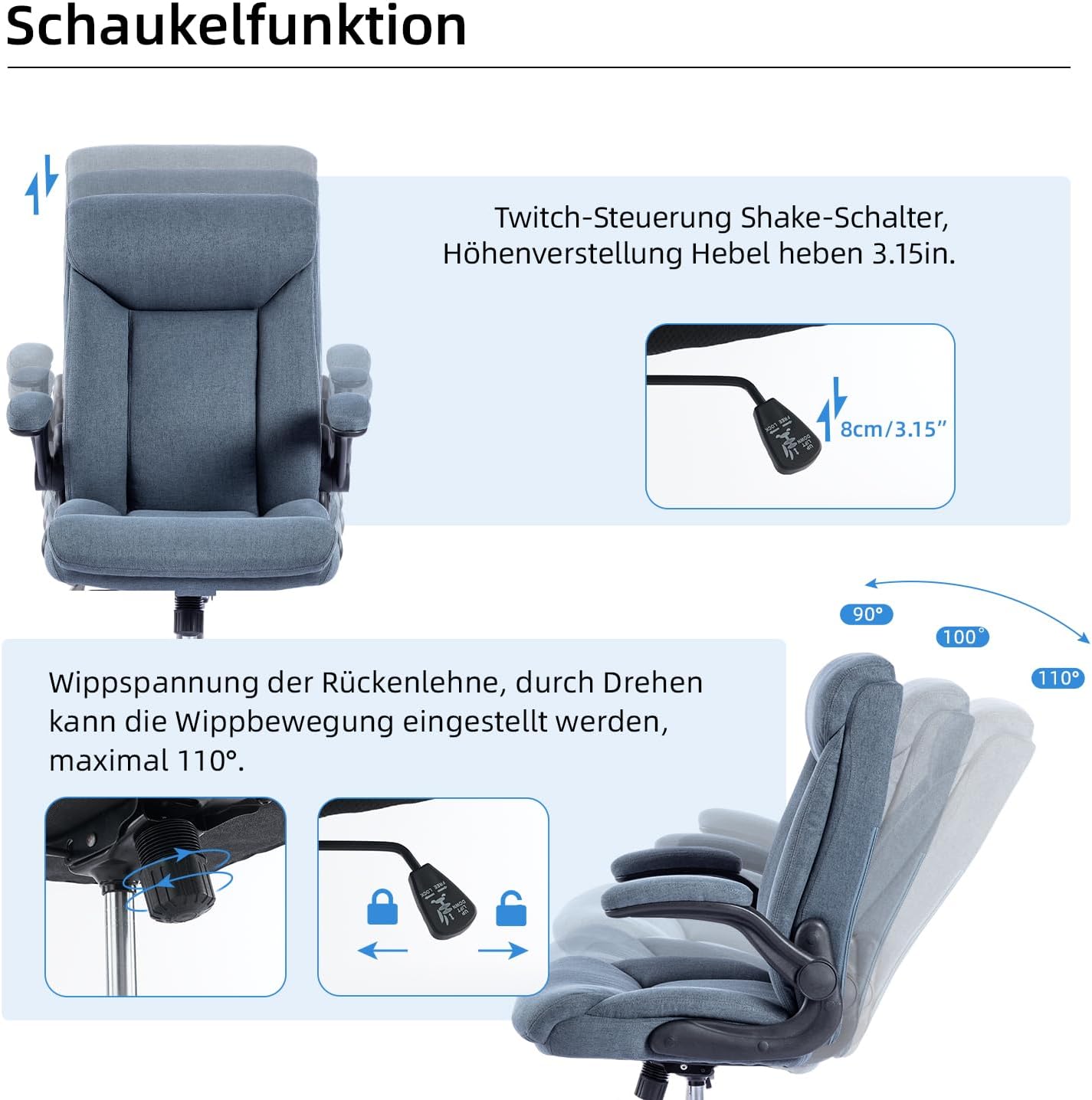 Ergonomischer Bürostuhl mit klappbarer Armlehne, Blau Stoff