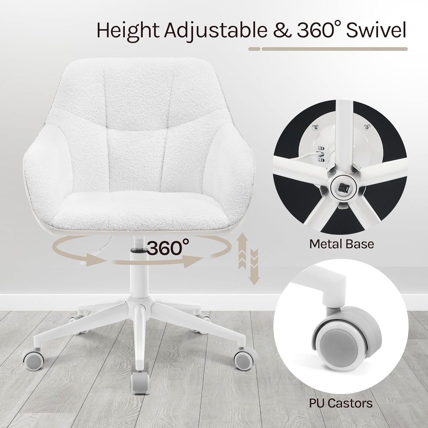 Höhenverstellbarer Homeoffice-Drehstuhl BS175grcm, Creme + Beige Bouclé Stoff + PU