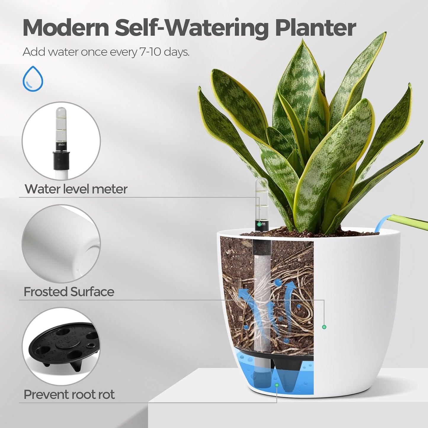 4er-Set Selbstbewässernder Blumentopf mit Wasserstandsanzeige, Weiss 18.5*16cm