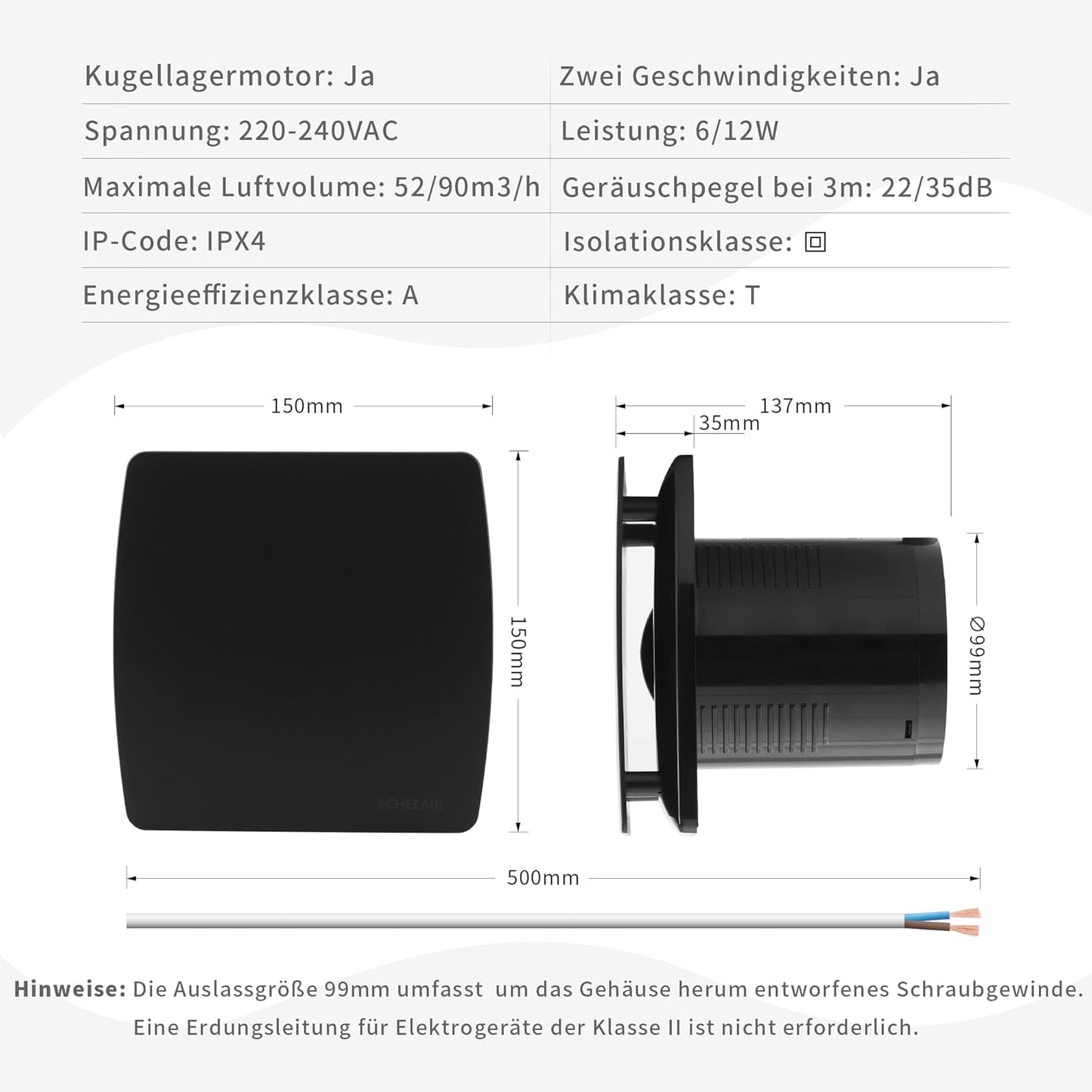 Nova100 WiFi-Badlüfter mit Sensoren und Timer, Schwarz