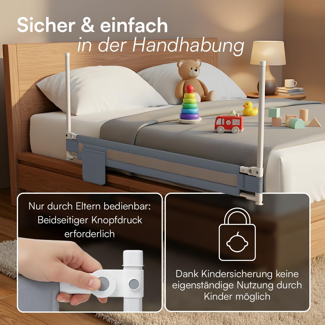 Rausfallschutz – Bettschutzgitter 150 cm, Hellgrau 150 cm mit Gurt