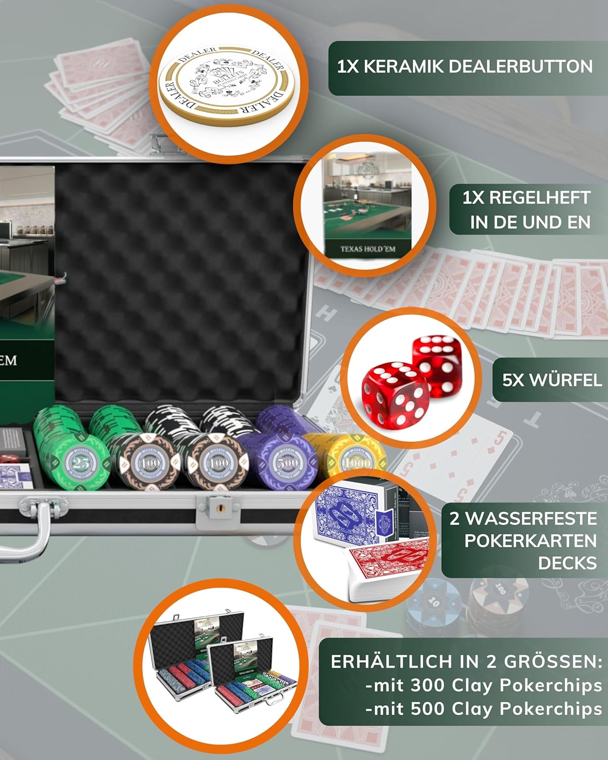 Pokerkoffer Tony mit 500 Pokerchips & Zubehör, 500 Chips