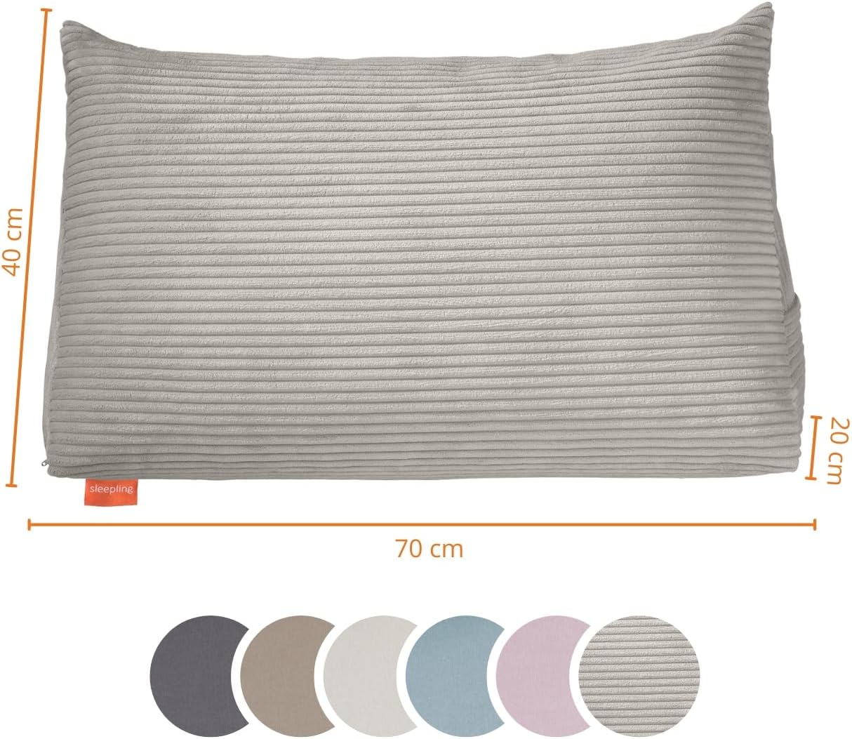 Keilkissen mit Seitenfach, für Bett und Sofa, Cord: Steingrau 70 x 40 x 20 cm