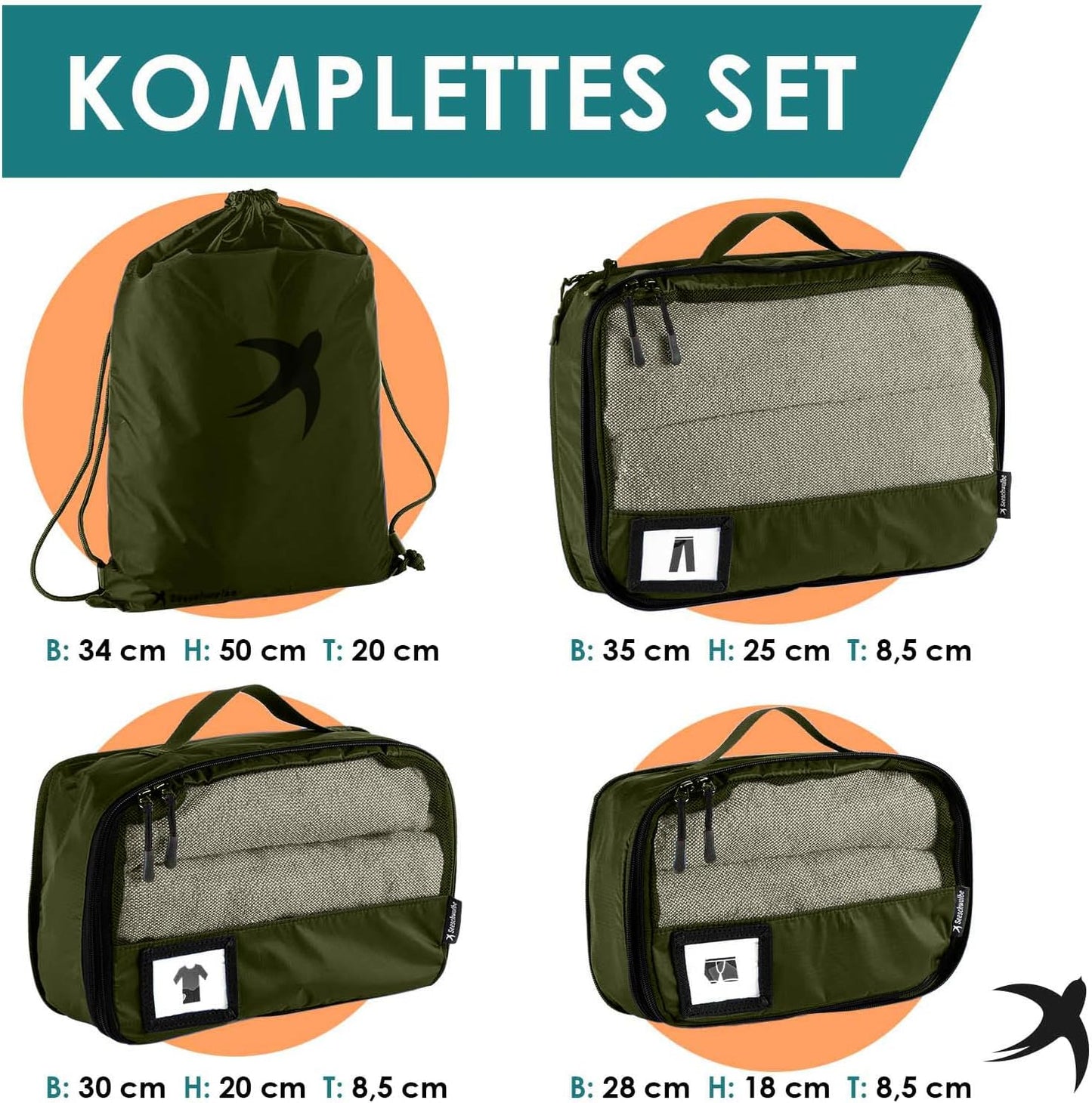 4-teiliges Packwürfel-Set, Olivgrün 4-teiliges Set