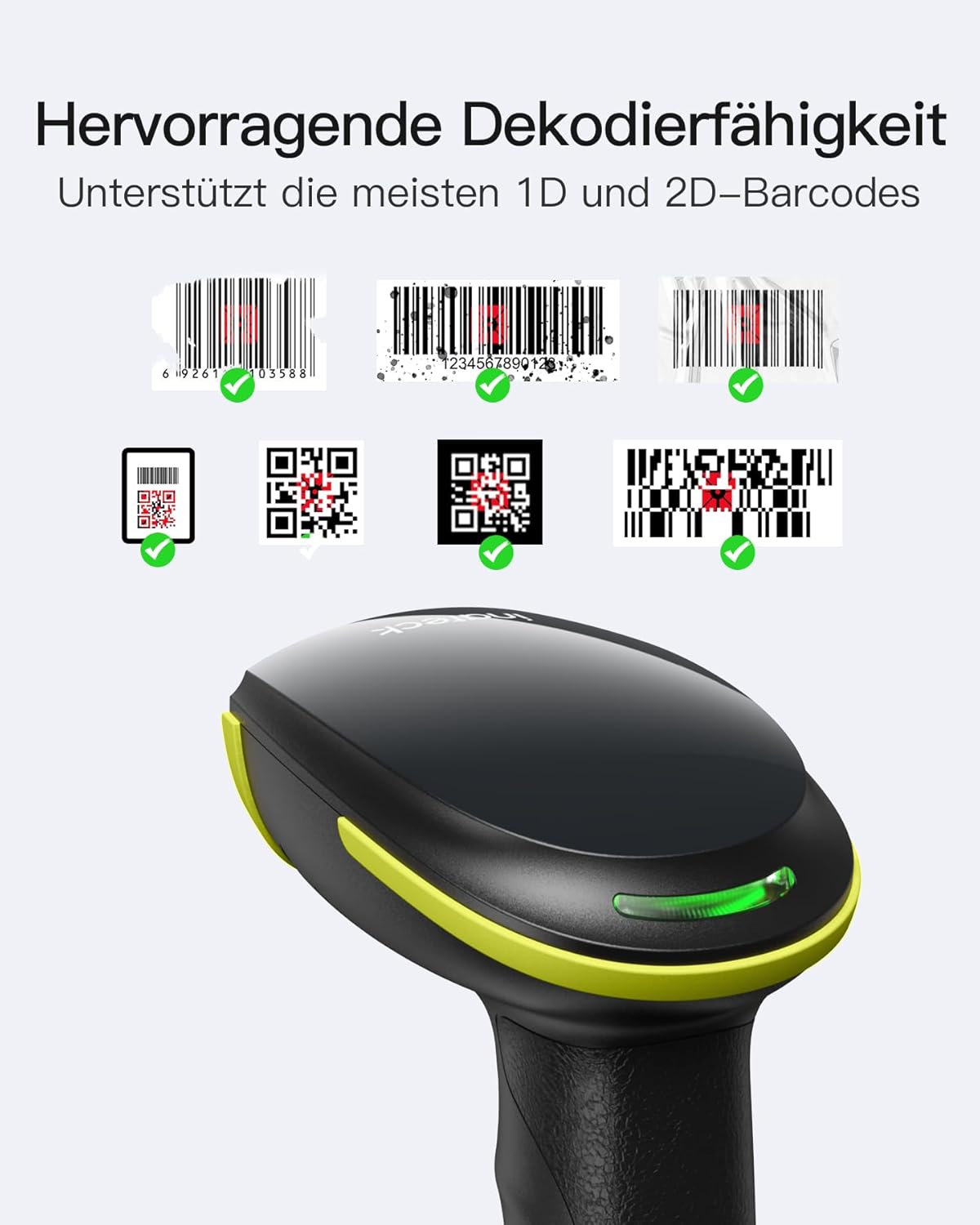 1D/2D Barcode-Scanner mit Bluetooth & USB, 2D Grün