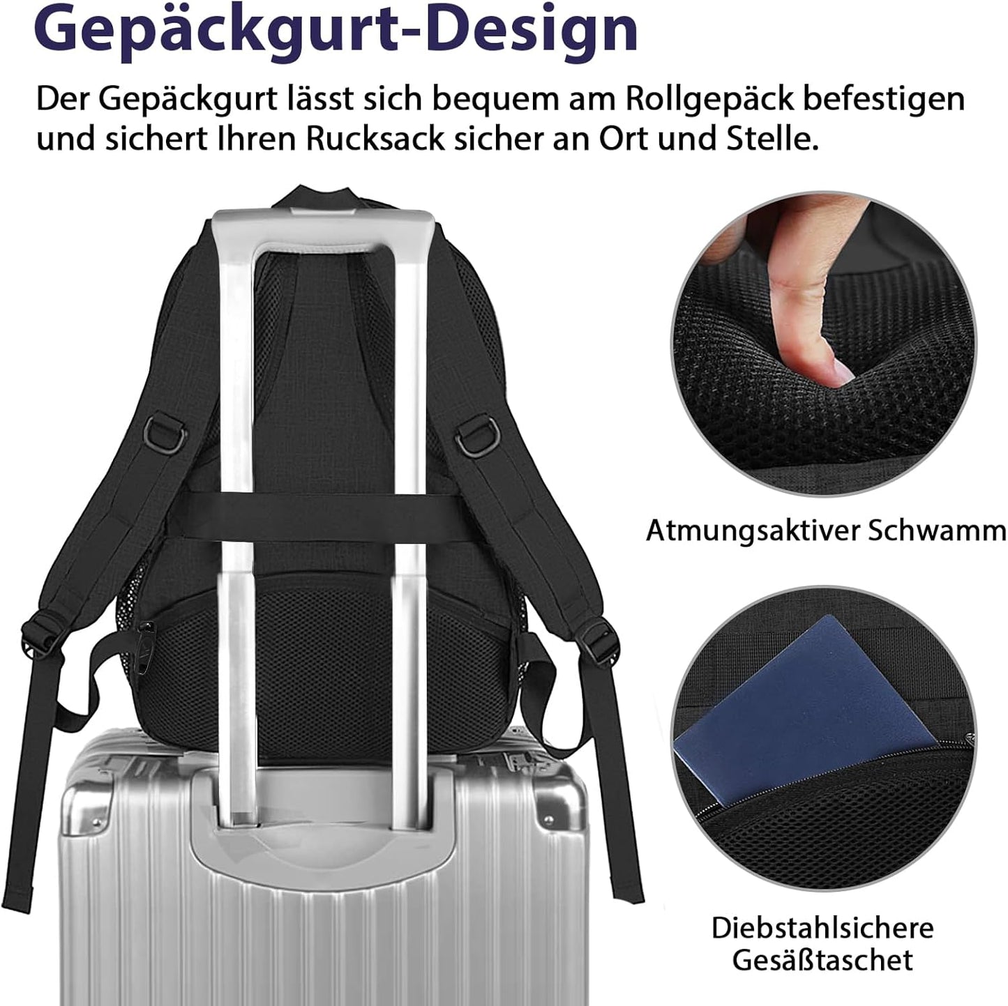 Laptop-Rucksack 17 Zoll mit USB Ladeanschluss, 17.3 zoll Schwarz
