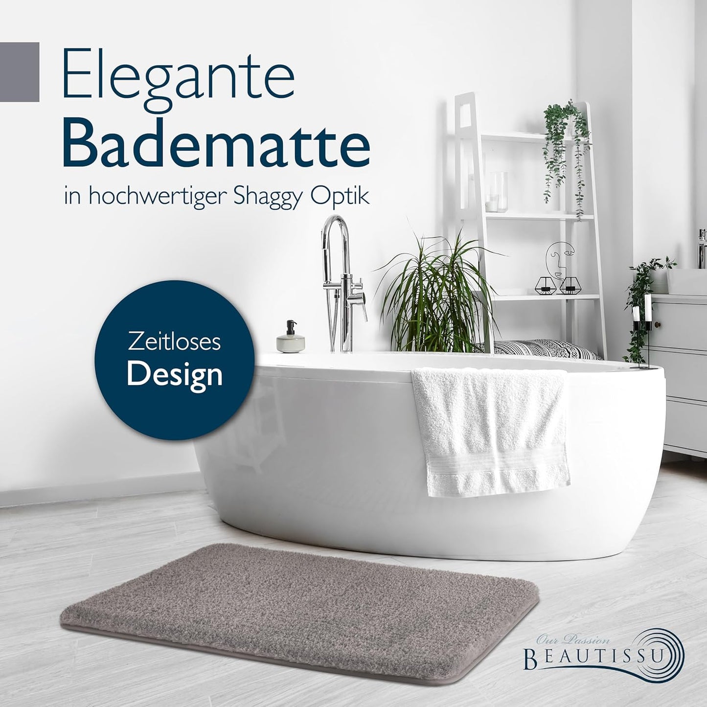 Rutschfeste Hochflor-Badematte, 60 x 100 cm Hellgrau