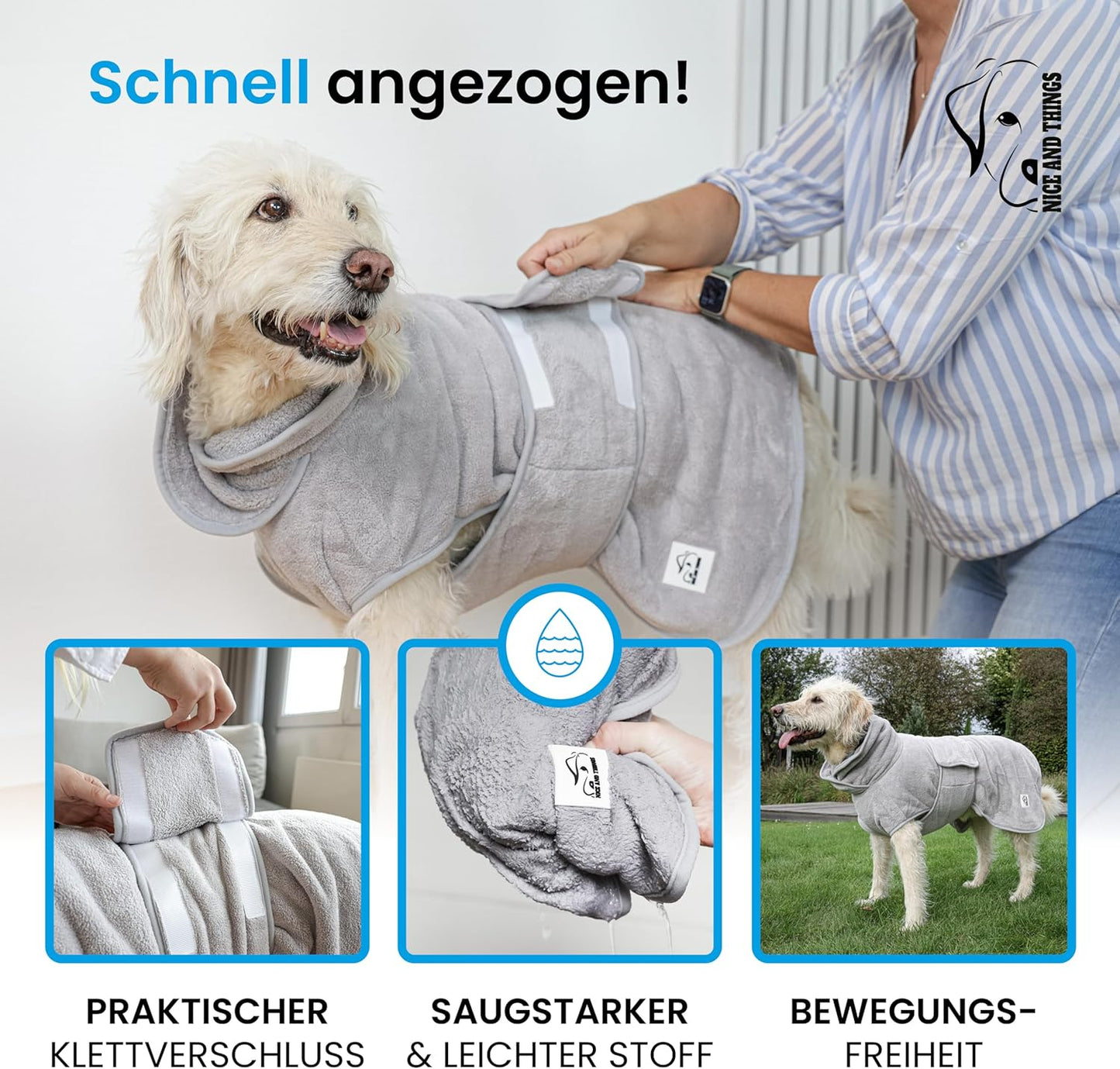 Schnelltrocknender Hundebademantel, M Grau