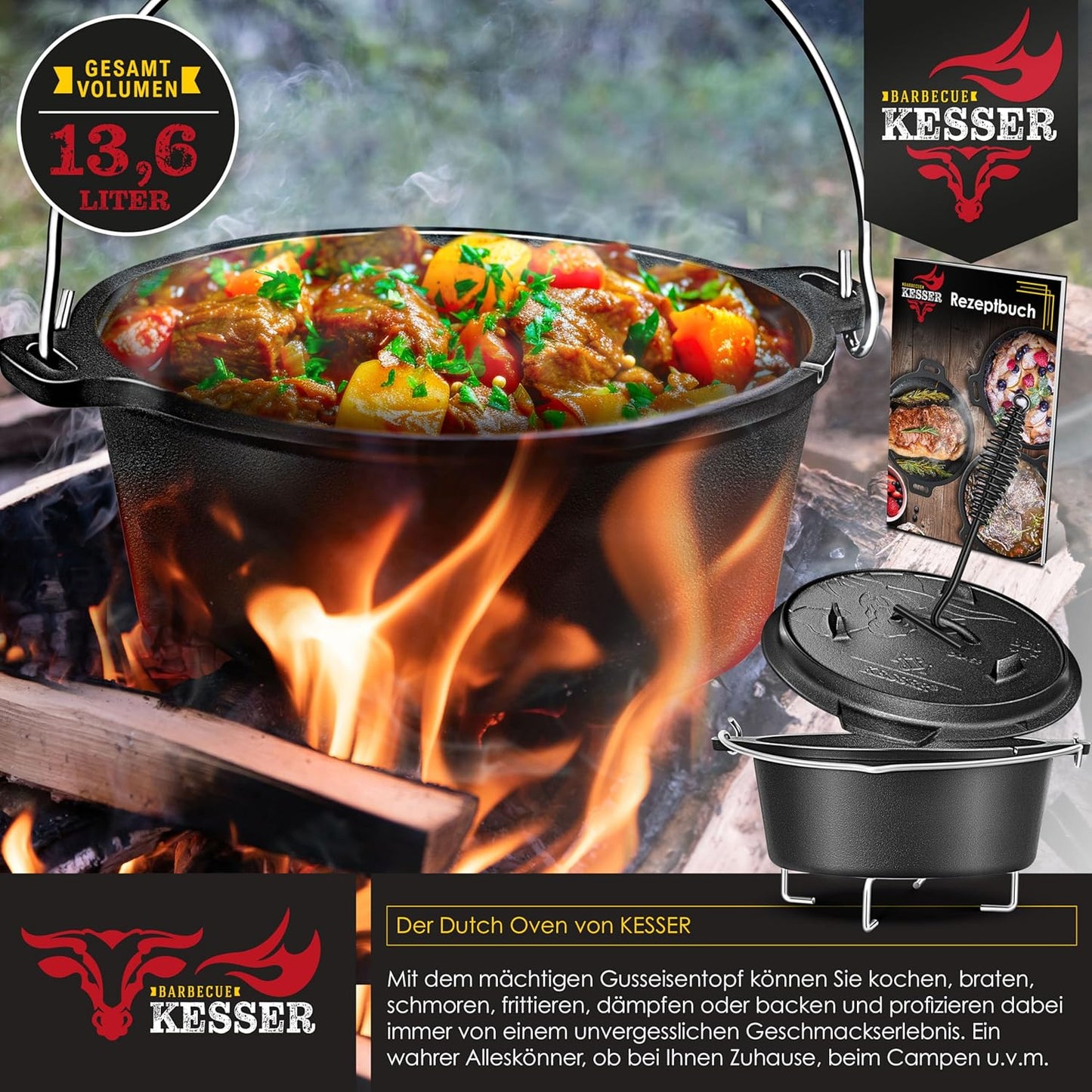 BBQ Dutch Oven Set, DO12P - 13.6 Liter Topf ohne Füsse
