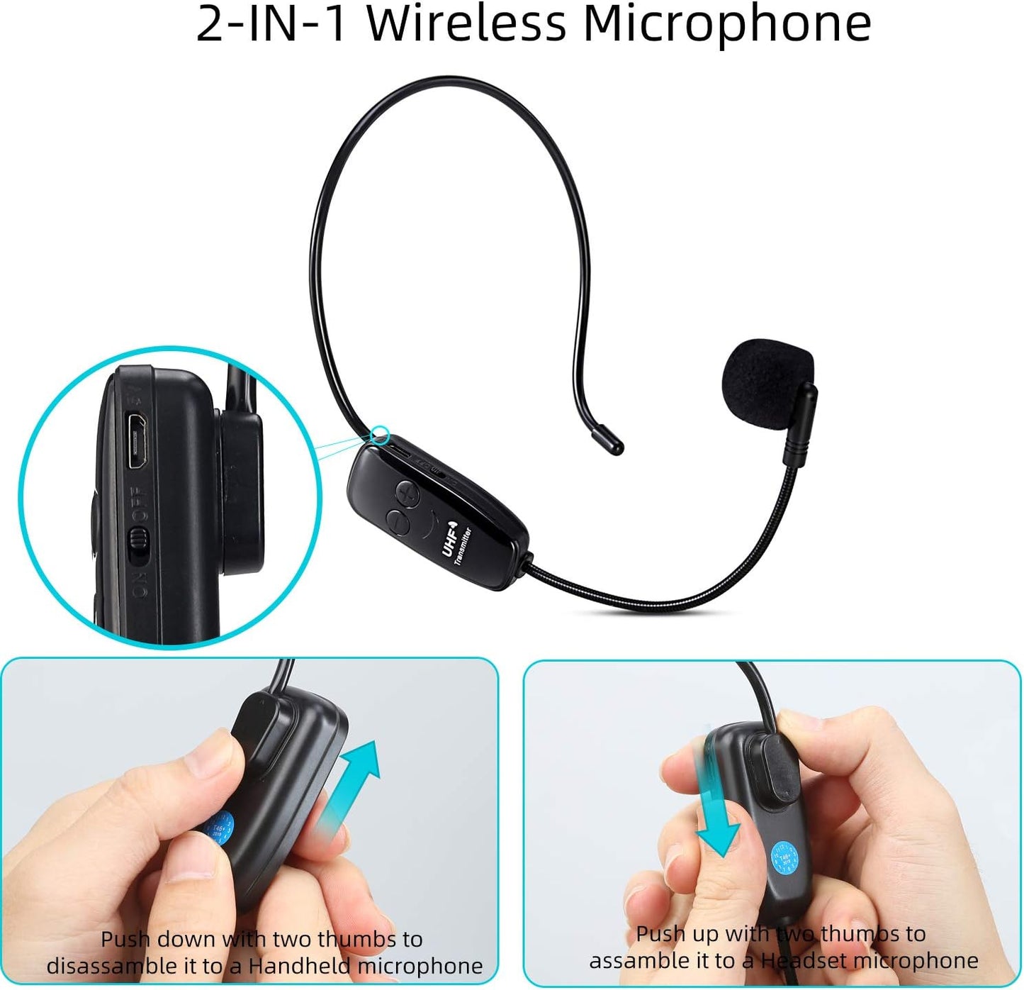 Kabelloses UHF Mikrofon mit Headset und Empfänger
