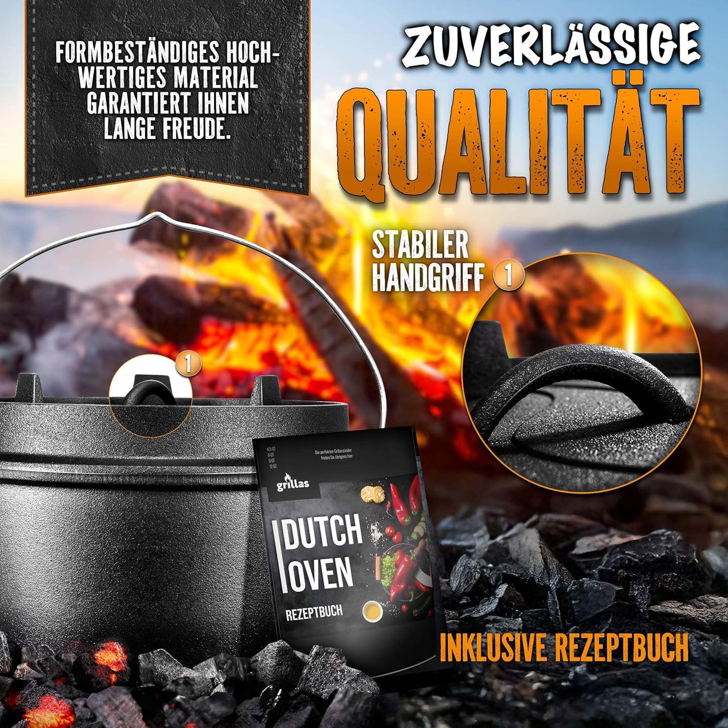 Dutch Oven Set, Topf ohne Füsse 9 Liter / 9 QT