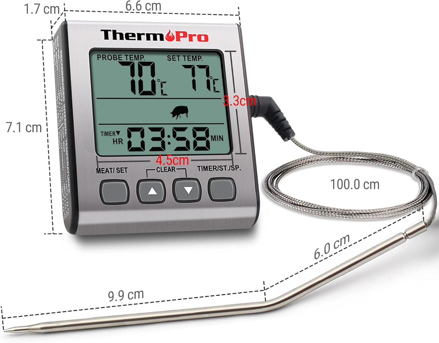 Digitales Grill- und Bratenthermometer mit Timer, Edelstahl mit Hintergrundbeleuchtung