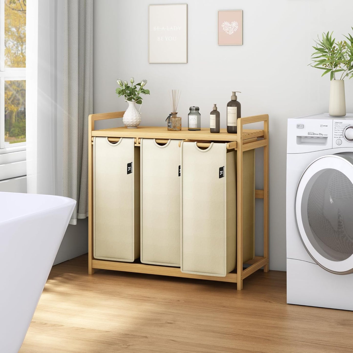 Wäschesortierer mit 3 abnehmbaren Fächern, Beige-6-18