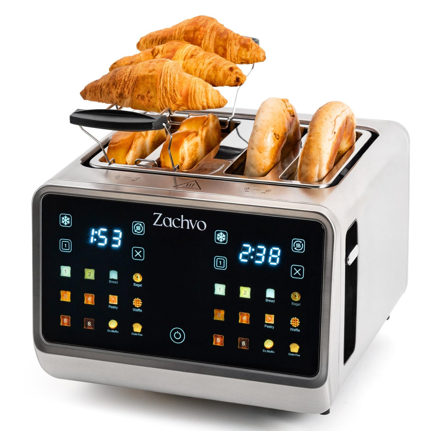 Edelstahl-Toaster mit Touchscreen & LED Countdown, Silber Sandwichhalter & Brötchenaufsatz