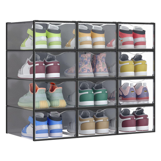 12x stapelbare Schuhboxen, Transparent + Tintenschwarz 12