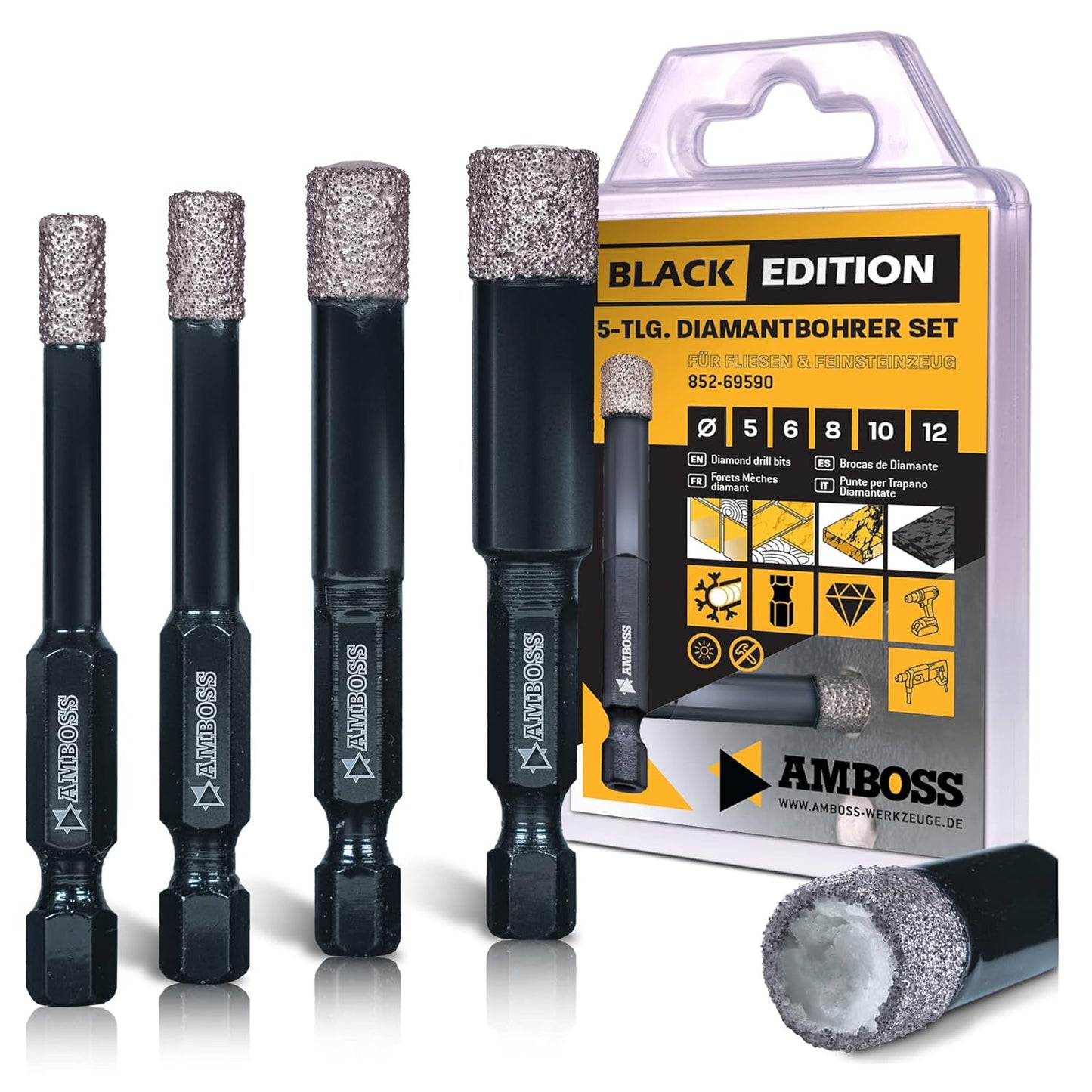 5-teiliges Fliesenbohrerset  -  Black Edition, Set Ø 5-12 mm (5tlg.) / für Akkuschrauber, Bohrmaschine