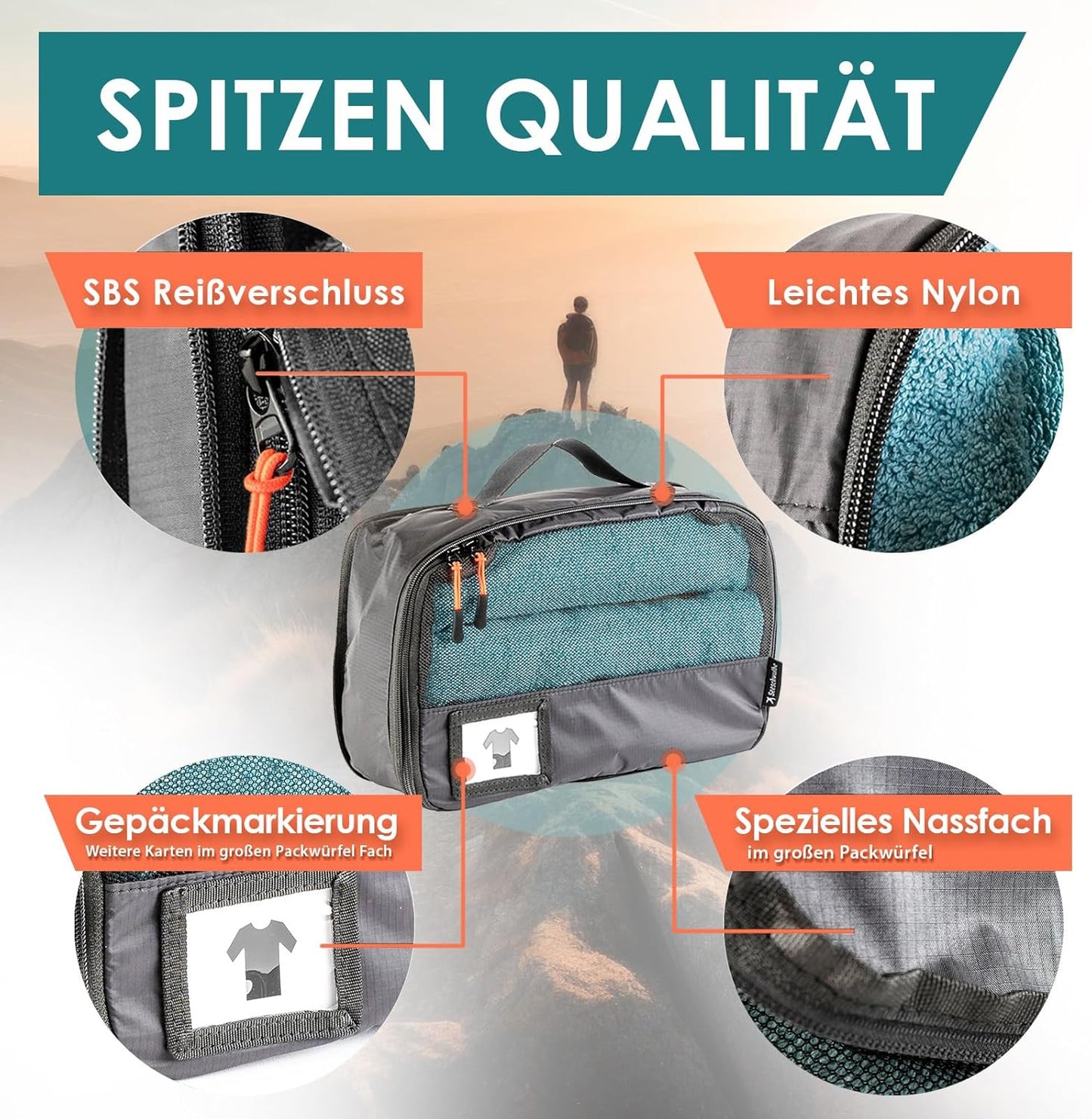 6-teiliges Packwürfel-Set mit Kompression, Grau 6-teiliges Set