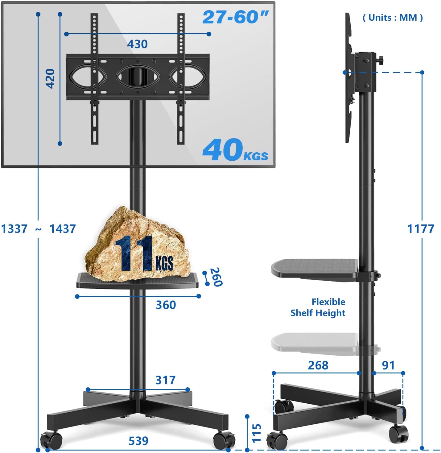 TV Staender fuer 27-60 Zoll Fernseher, Schwarz