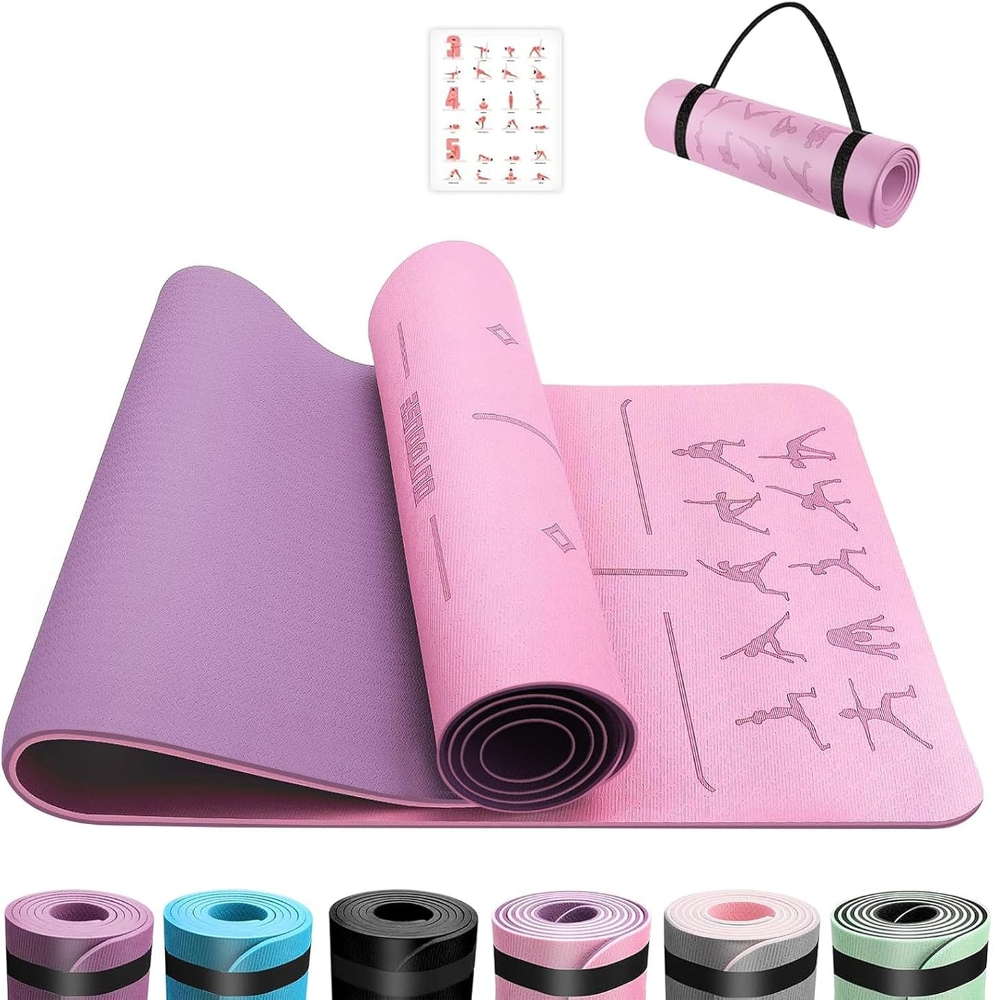 Yoga- und Pilatesmatte mit Ausrichtungslinien, Rosa und Lila / 183x61x0.6cm