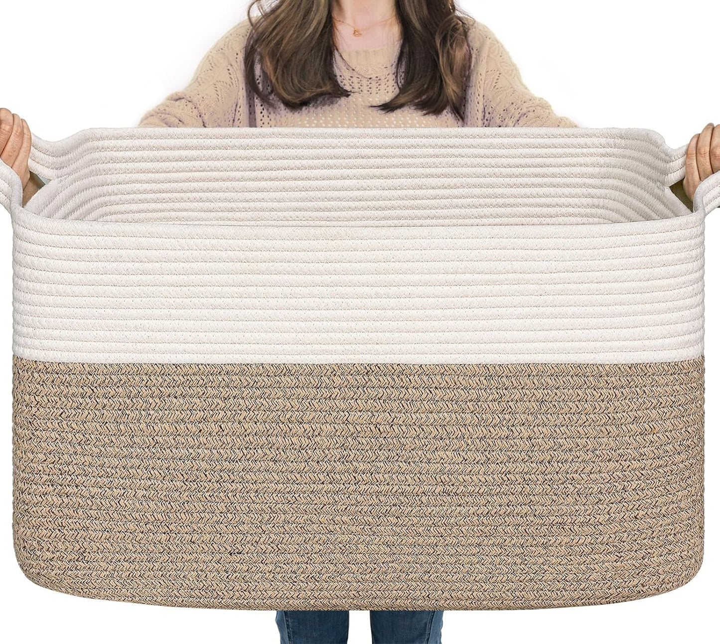 Faltbarer Wäsche- und Aufbewahrungskorb, Weiß und Braun 65L（55 x 38 x 29 cm）