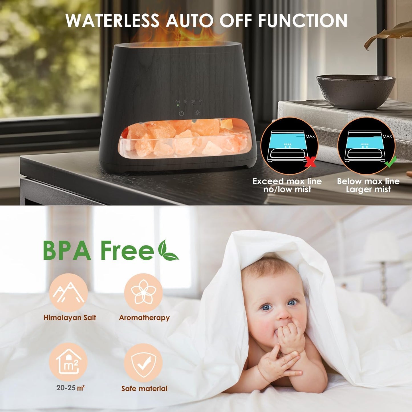 2-in-1 Aroma Diffuser & Salzleuchte mit Flammeneffekt, Schwarz