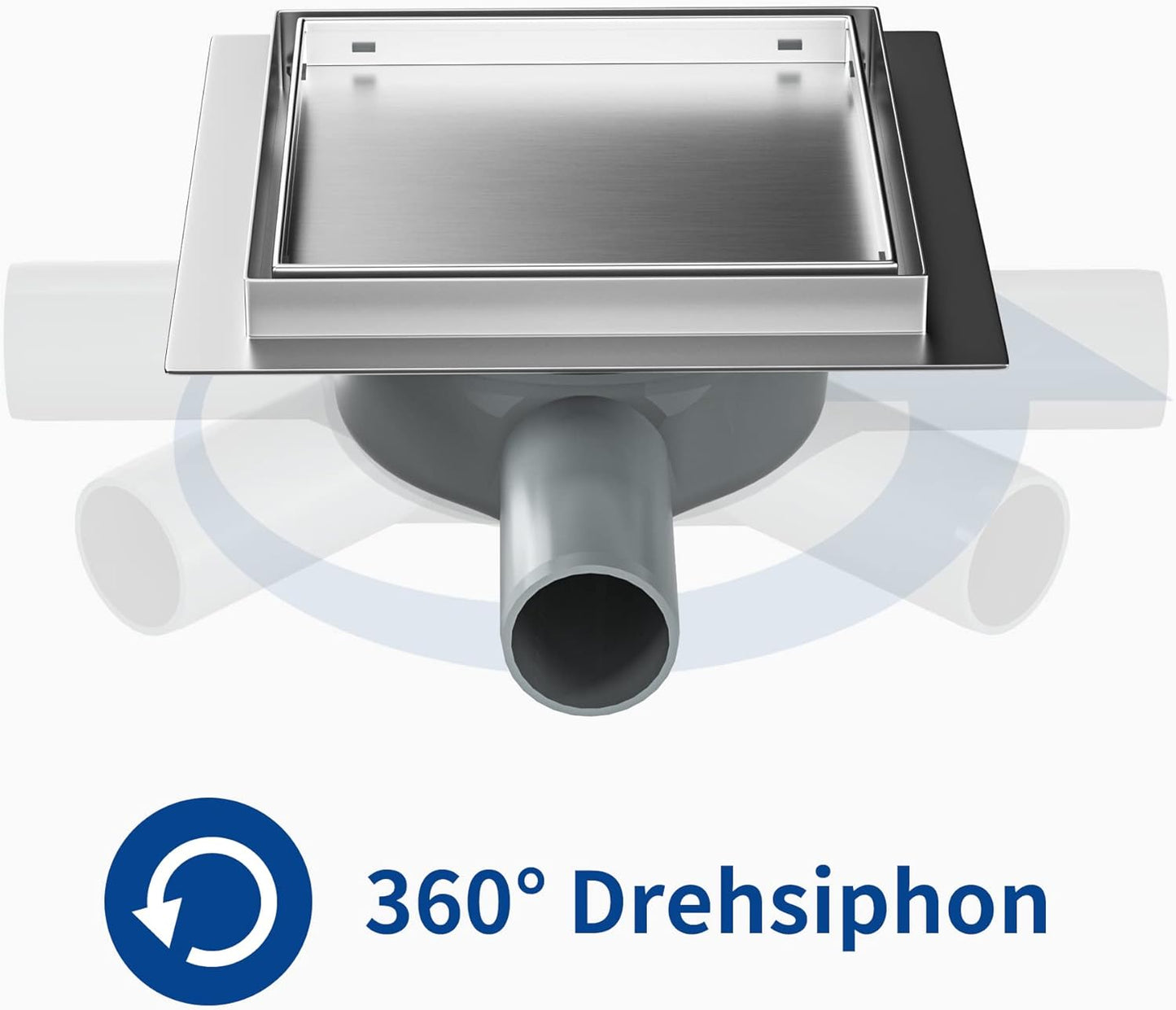 Quadratische Duschrinne mit Siphon und Haarsieb, Silber 15cm
