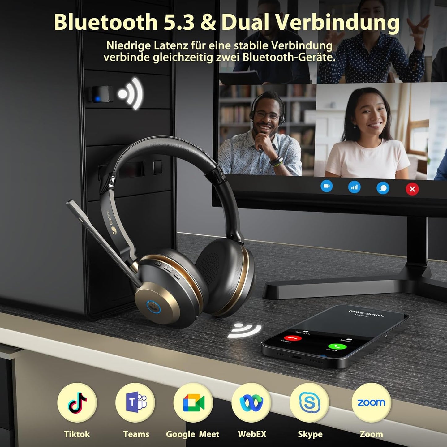 Kabelloses Bluetooth-Headset mit Mikrofon, Black Gold