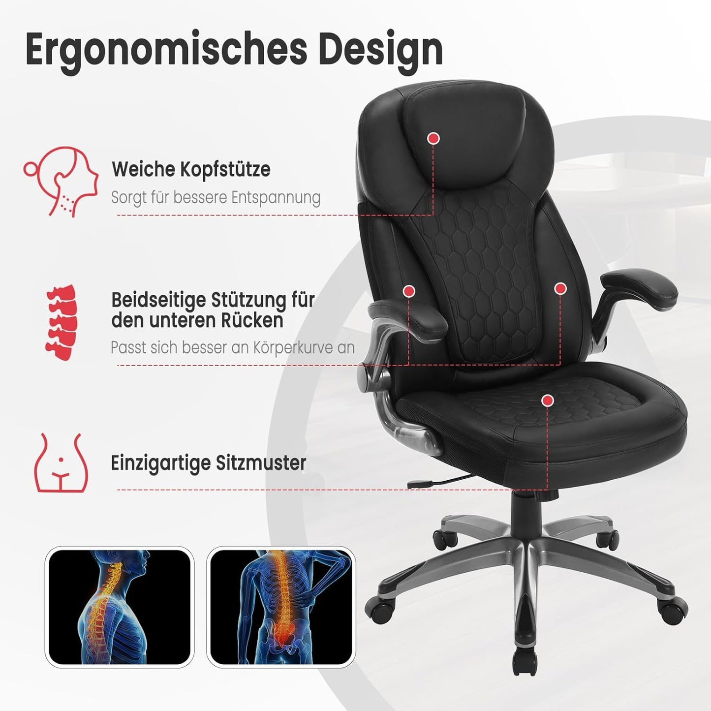 Ergonomischer Bürostuhl, höhenverstellbar, bis 200kg, Schwarz, Kunstleder