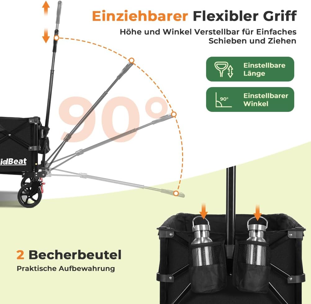 Faltbarer Bollerwagen mit Bremsen und All Terrain Rädern, Schwarz XL