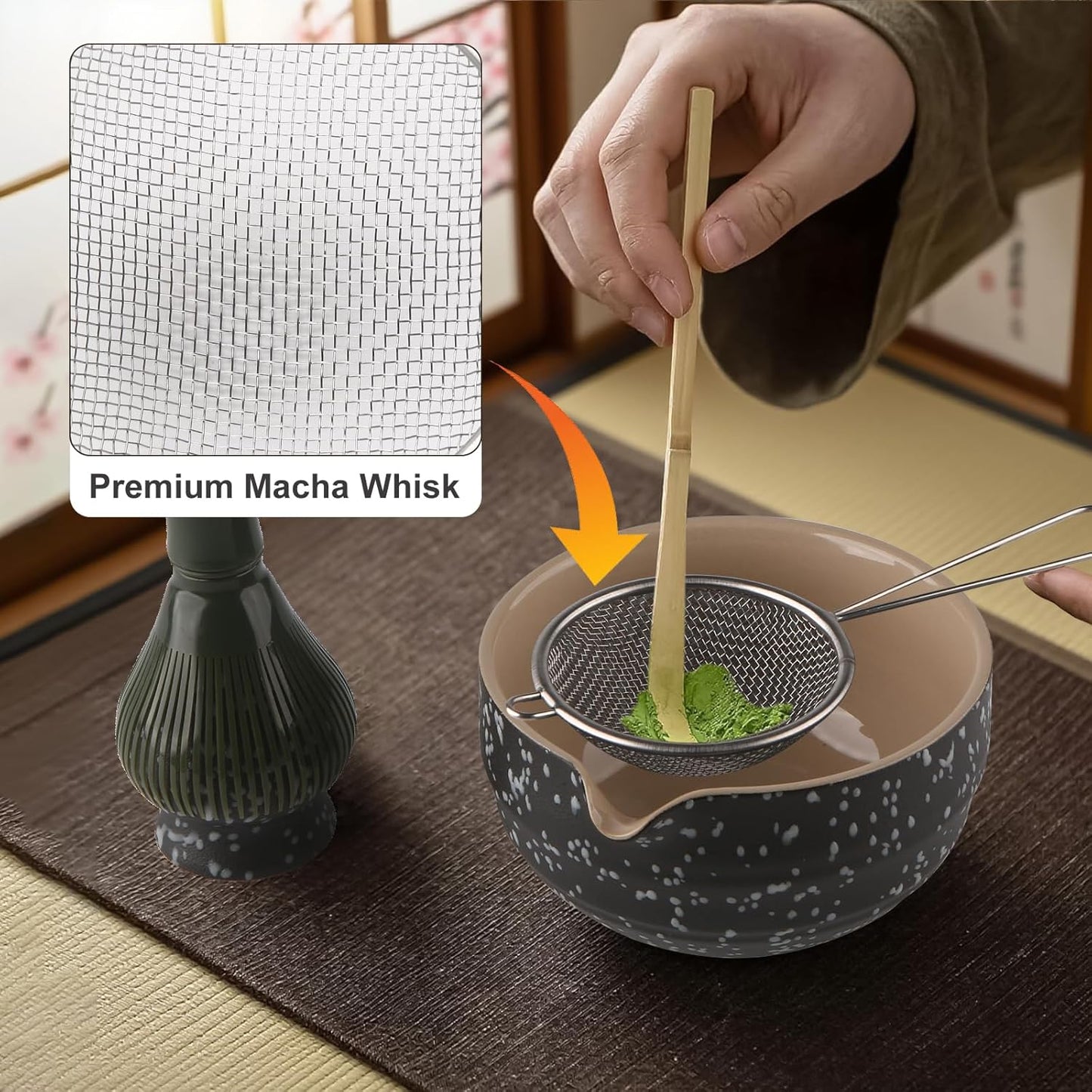 7-teiliges Matcha-Set, Spitzauslauf, Schwarz Gesprenkelt Harz – Grün
