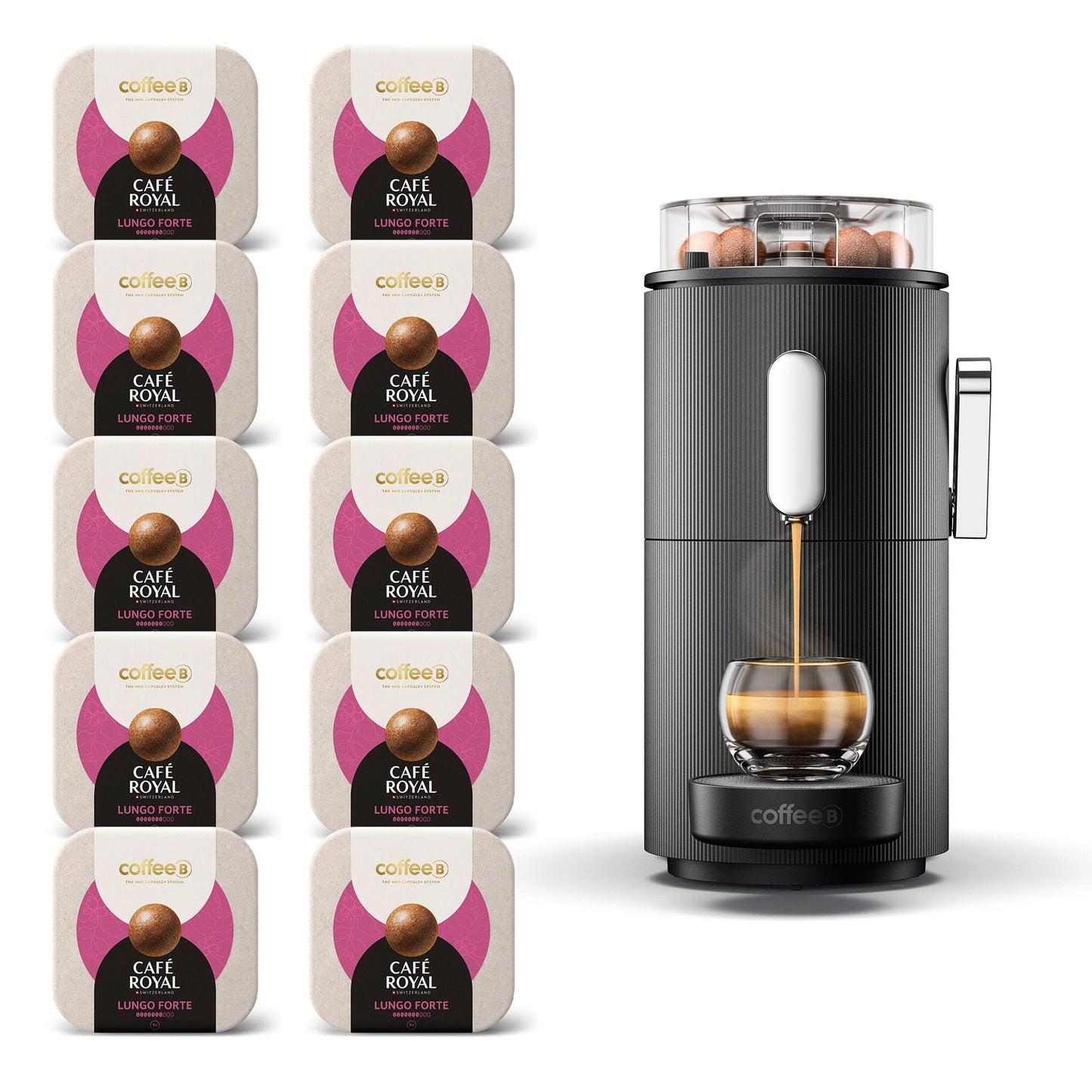 Switzerland Professional CoffeeB Globe Kaffeemaschine mit kompostierbaren Kaffeebällen, Schwarz +90 Bälle LUNGO FORTE