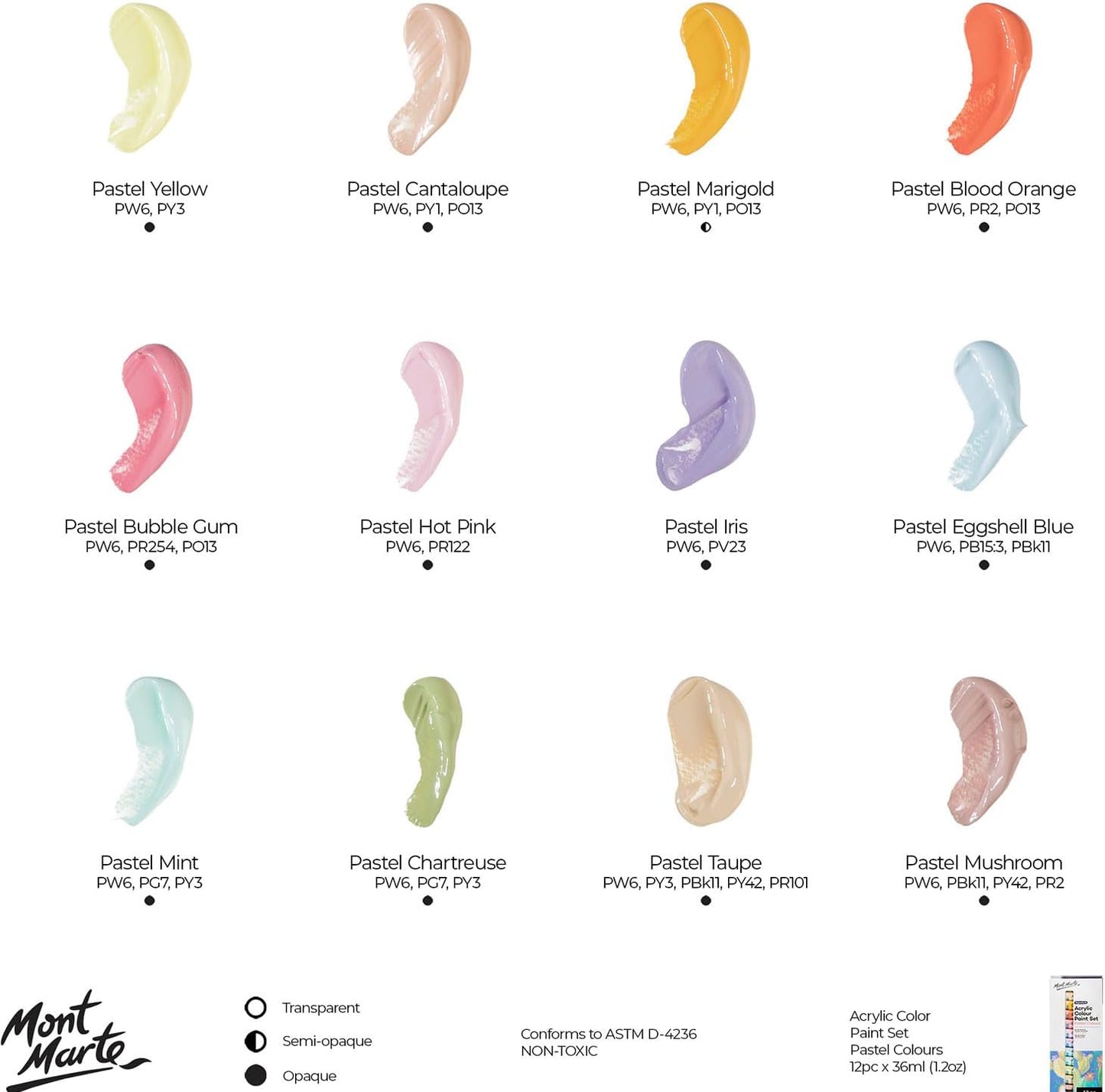 Acrylfarben-Set Pastell, 12 x 36 ml, 12 Pastellfarben
